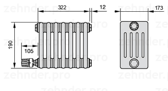 Схема (чертеж) Радиатор Zehnder Charleston 5019/7 №V003 Белый глянцевый RAL 9016